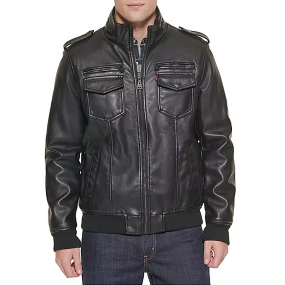 LEVIS FAUX LEATHER SHEARLING LINED BLACK BOMBER JACKET SIZE XL